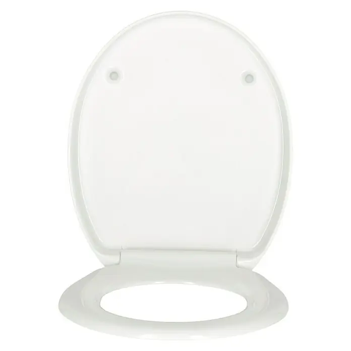 Poseidon WC-Sitz Kea - Duroplast, Weiß, Mit Absenkautomatik - Eine weiße Toilettensitz mit ovaler Form liegt auf einem schwarzen Hintergrund. Der Toilettendeckel ist geöffnet und zeigt die Sitzfläche.