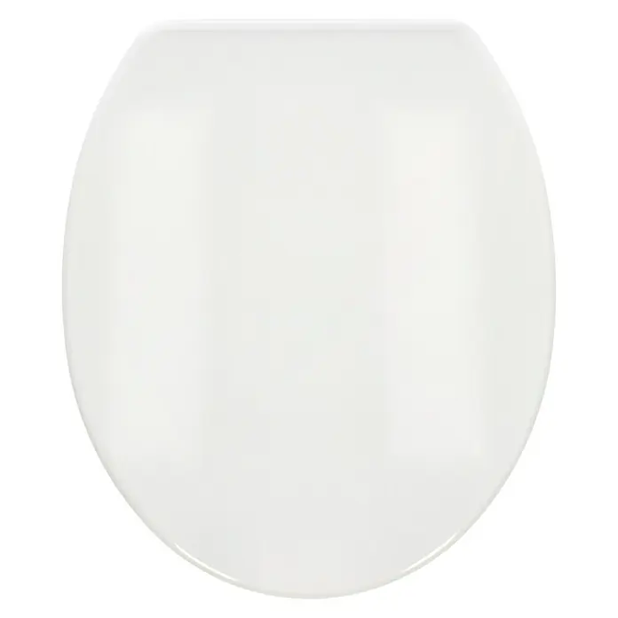 Poseidon WC-Sitz Kea - Duroplast, Weiß, Mit Absenkautomatik - Nahaufnahme eines weißen Toilettensitzes mit einer ovalen Form, der auf einem schwarzen Hintergrund platziert ist.