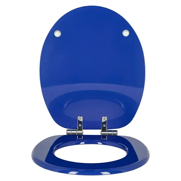 Poseidon WC-Sitz Sea Life 3D - MDF, Blau, Mit Absenkautomatik - Nahaufnahme eines blauen Toilettensitzes mit Chromscharnieren, der einen modernen Akzent für jedes Badezimmer bietet und Funktionalität mit Stil verbindet.