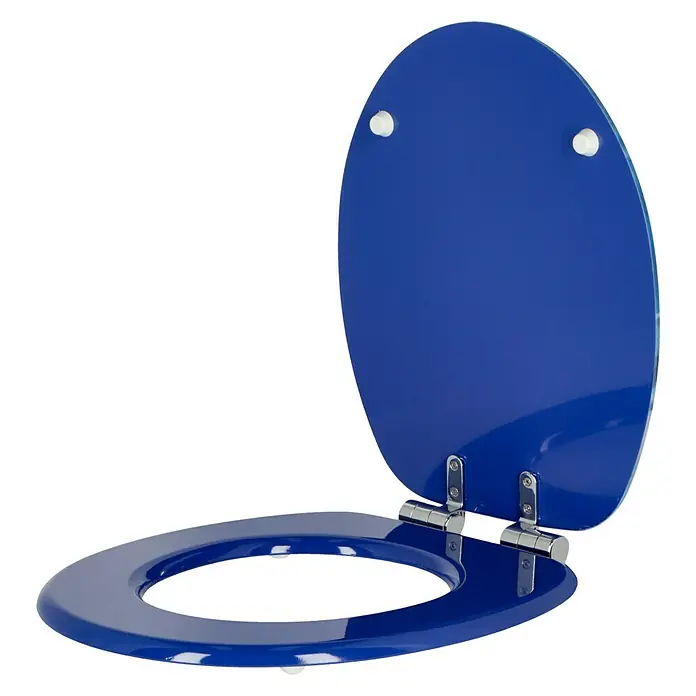 Poseidon WC-Sitz Sea Life 3D - MDF, Blau, Mit Absenkautomatik - Ein blauer Toilettensitz mit silbernen Scharnieren ist auf dem Foto zu sehen. Der Toilettendeckel ist hochgeklappt und der Sitz ist sichtbar.
