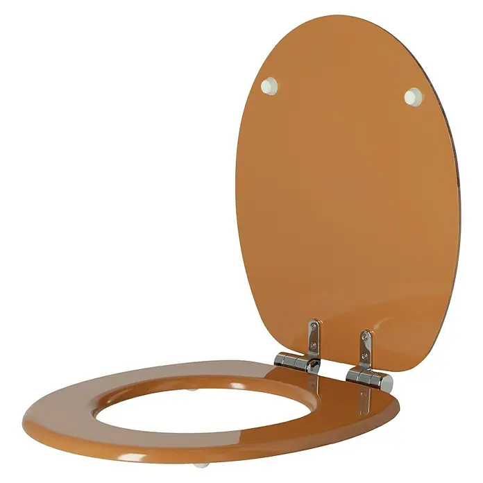 Poseidon WC-Sitz Desert 3D - MDF, Mehrfarbig, Mit Absenkautomatik - Offener Toilettensitz aus Holz in sanftem Karamellton, präsentiert mit glänzenden Chromscharnieren, ideal für ein stilvolles Badezimmerambiente.