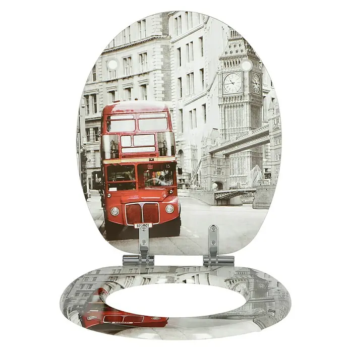 Poseidon WC-Sitz London Bus - MDF, Grau/Rot, Mit Absenkautomatik - Dieser Toilettensitz zeigt einen roten Doppeldeckerbus vor der Tower Bridge in London und verleiht Ihrem Badezimmer einen Hauch britischen Charmes.