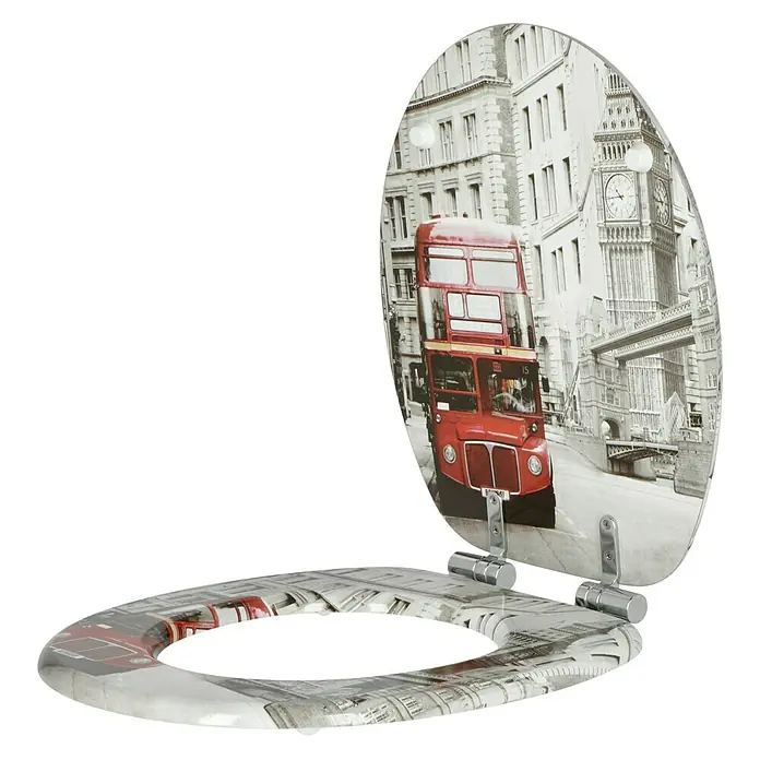 Poseidon WC-Sitz London Bus - MDF, Grau/Rot, Mit Absenkautomatik - Ein Toilettensitz mit einem London-Design, das eine rote Doppeldeckerbus und Big Ben zeigt. Perfekt für ein thematisches Badezimmer.