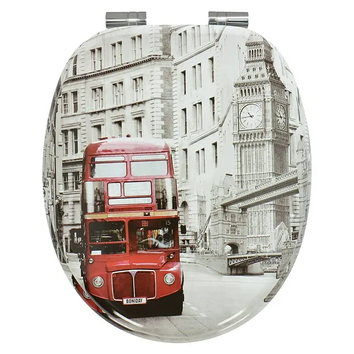 Poseidon WC-Sitz London Bus - MDF, Grau/Rot, Mit Absenkautomatik - WC-Sitz mit London-Design. Ein auffälliges Motiv mit einem roten Doppeldeckerbus, Big Ben und der Tower Bridge, das jedem Badezimmer einen Hauch von London verleiht.
