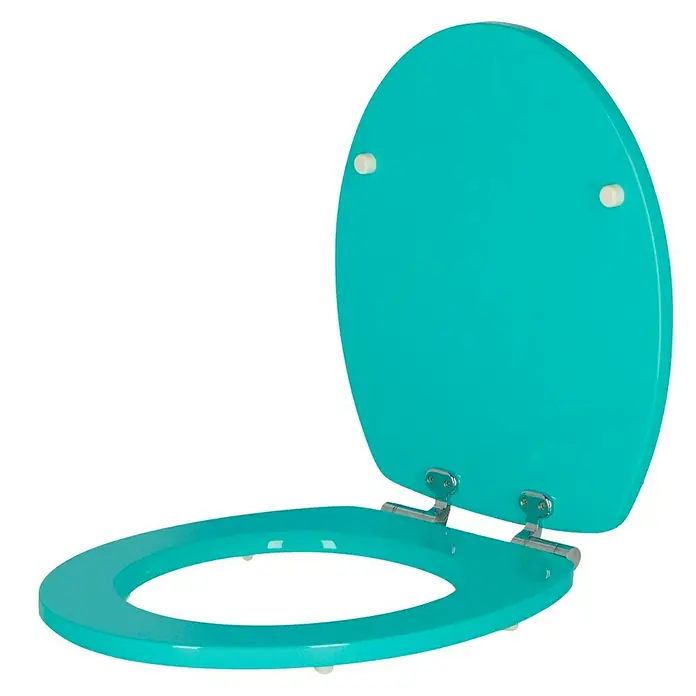Poseidon WC-Sitz BoraBora - MDF, Blau, Mit Absenkautomatik - Eine türkisfarbene Toilettensitz mit Deckel, offen, mit silbernen Scharnieren und weißen Puffern. Ideal für farbenfrohe Badezimmer.