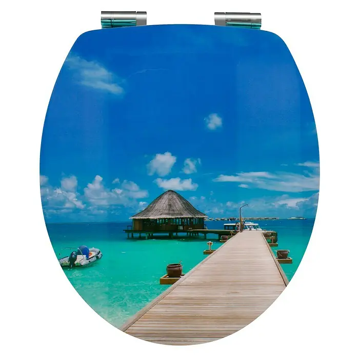 Poseidon WC-Sitz BoraBora - MDF, Blau, Mit Absenkautomatik - WC-Sitz mit tropischem Inselmotiv. Der Toilettendeckel zeigt ein schönes Strandhaus auf dem Wasser und einen blauen Himmel.