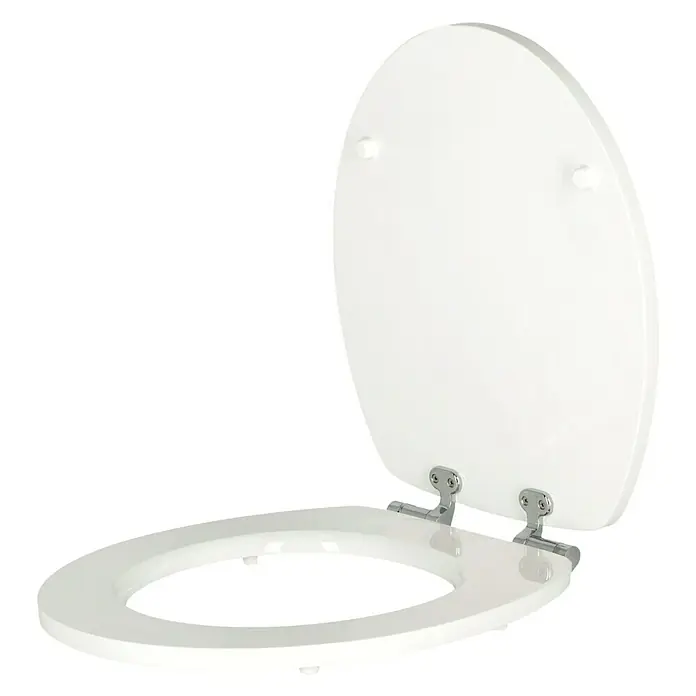 Poseidon WC-Sitz Orchidee - MDF, Mehrfarbig, Mit Absenkautomatik - Ein weißer Toilettensitz mit Deckel, der leicht geöffnet ist und die glänzenden Chromscharniere zeigt.