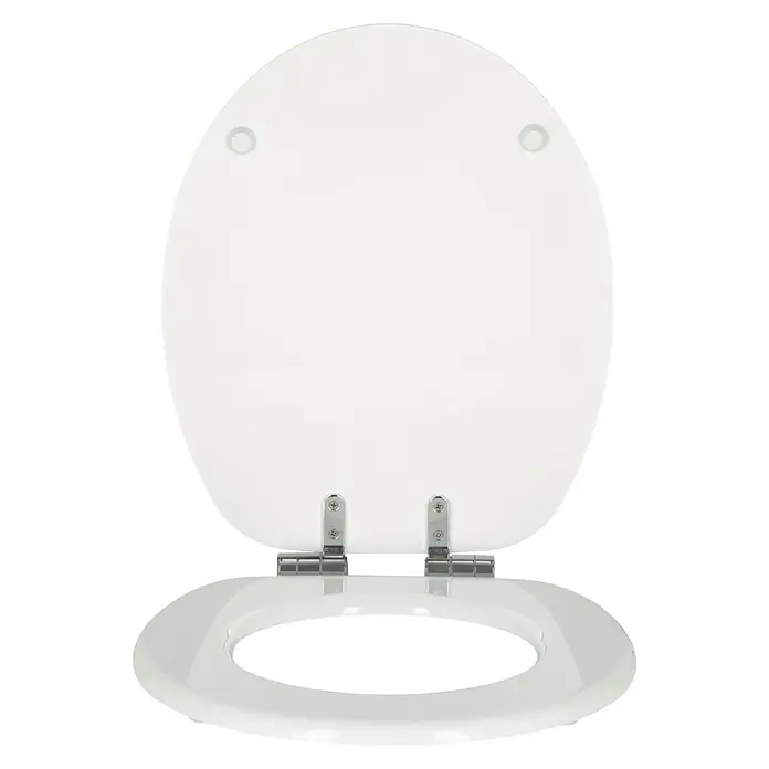 Poseidon WC-Sitz Froggy 3D - MDF, Mehrfarbig, Mit Absenkautomatik - Ein Toilettensitz aus weißem Kunststoff mit Chromscharnieren ist offen dargestellt. Der Fokus liegt auf dem klaren Design und der einfachen Montage.