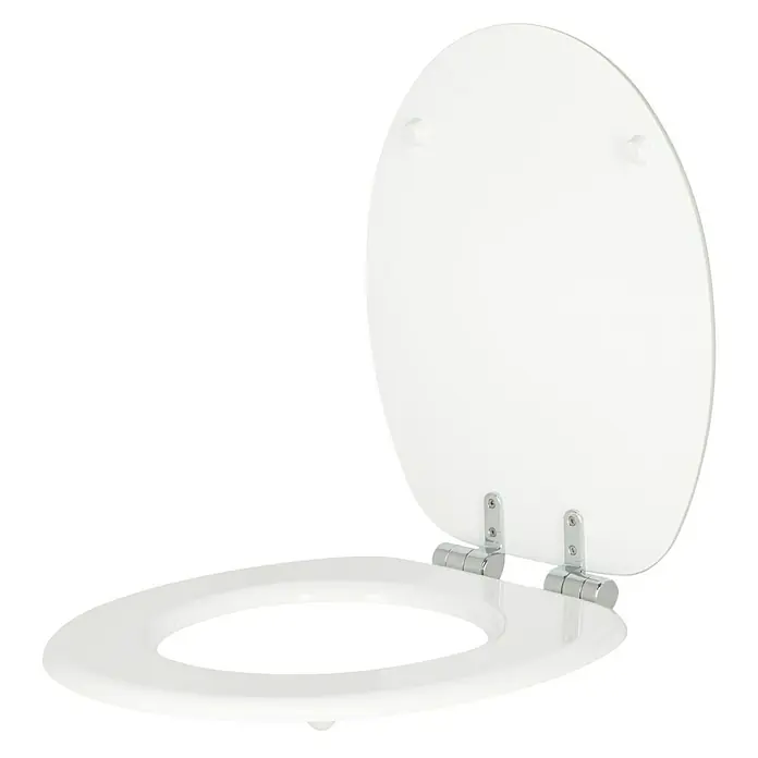 Poseidon WC-Sitz Froggy 3D - MDF, Mehrfarbig, Mit Absenkautomatik - Weißer Toilettensitz mit geöffnetem Deckel und Chromscharnieren auf schwarzem Hintergrund für Hygiene und Komfort im Bad.