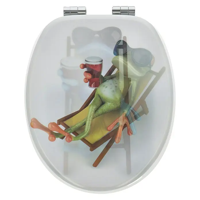 Poseidon WC-Sitz Froggy 3D - MDF, Mehrfarbig, Mit Absenkautomatik - WC-Sitz mit einem Frosch, der in einem Liegestuhl sitzt und ein Getränk genießt. Ein lustiges Accessoire für jedes Badezimmer.