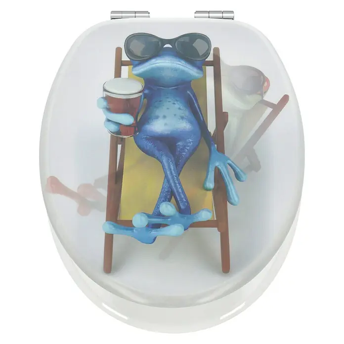 Poseidon WC-Sitz Froggy 3D - MDF, Mehrfarbig, Mit Absenkautomatik - WC-Sitz mit einem blauen Frosch mit Sonnenbrille und Bier auf einer Liege, ein witziges Design für Ihr Badezimmer.