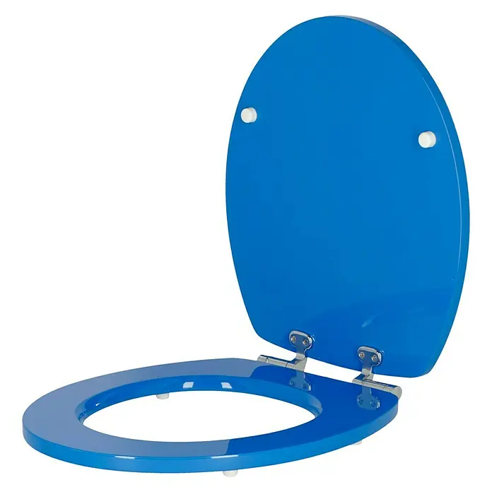 Poseidon WC-Sitz Blue Lagoon - MDF, Blau, Mit Absenkautomatik - Blauer Toilettensitz mit offenem Deckel. Der glänzende Sitz und Deckel sind oval und mit weißen Stoßdämpfern versehen.