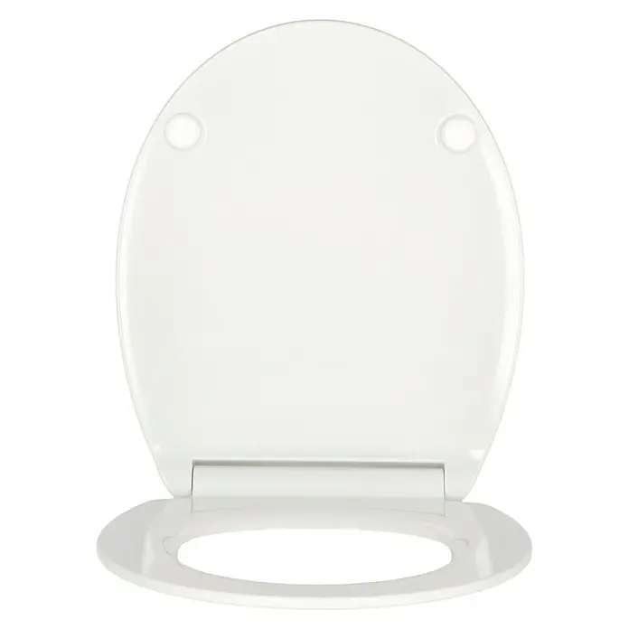 Poseidon WC-Sitz Flat - Duroplast, Weiß, Mit Absenkautomatik - Der weiße Toilettendeckel ist geschlossen und hat eine ovale Form. Die Befestigungspunkte sind oben sichtbar.