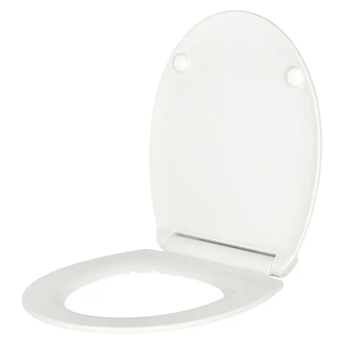 Poseidon WC-Sitz Flat - Duroplast, Weiß, Mit Absenkautomatik - Weißer Toilettensitz mit Deckel in geöffnetem Zustand vor schwarzem Hintergrund. Hochwertige Sanitärkeramik für das moderne Badezimmer.