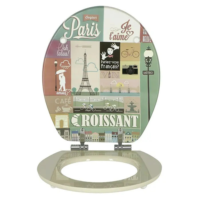 Poseidon WC-Sitz Parisienne - MDF, Mehrfarbig, Mit Absenkautomatik - Ein Toilettensitz mit einem farbenfrohen Paris-Design, das verschiedene Sehenswürdigkeiten und Symbole der Stadt zeigt.