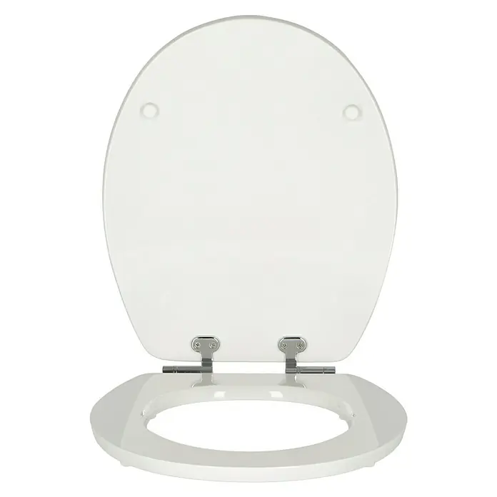 Poseidon WC-Sitz Froschkönig - MDF, Mehrfarbig, Mit Absenkautomatik - Weißer Toilettensitz mit Edelstahlscharnieren. Der Sitz ist zur Hälfte geöffnet und zeigt die ovale Form. Ein elegantes Badezimmeraccessoire.
