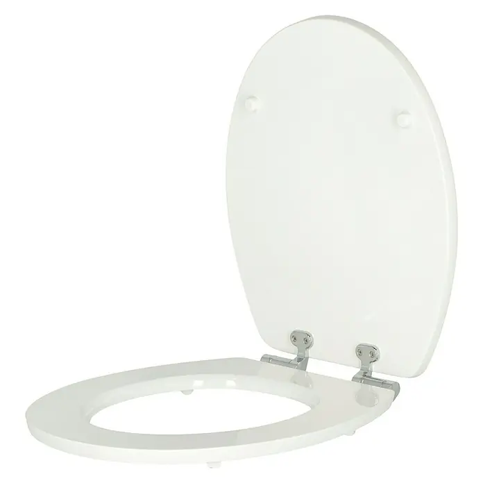 Poseidon WC-Sitz Froschkönig - MDF, Mehrfarbig, Mit Absenkautomatik - Ein hochauflösendes Bild eines weißen Toilettensitzes mit offenem Deckel auf einem schwarzen Hintergrund, ideal für Sanitärbedarf.