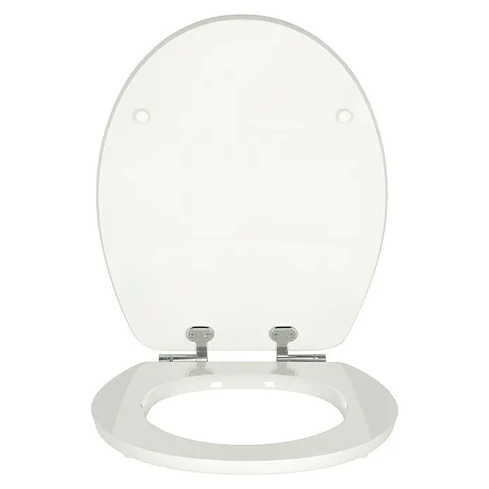 Poseidon WC-Sitz Beach - MDF, Mehrfarbig, Mit Absenkautomatik - Ein weißer Toilettensitz mit offenem Deckel und Chromscharnieren vor einem schwarzen Hintergrund.