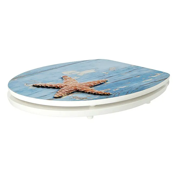 Poseidon WC-Sitz Ostsee - MDF, Mehrfarbig, Mit Absenkautomatik - Toilettensitz mit Seestern-Motiv auf blauem Holz, eine stilvolle Ergänzung für jedes Badezimmer mit maritimen Flair.