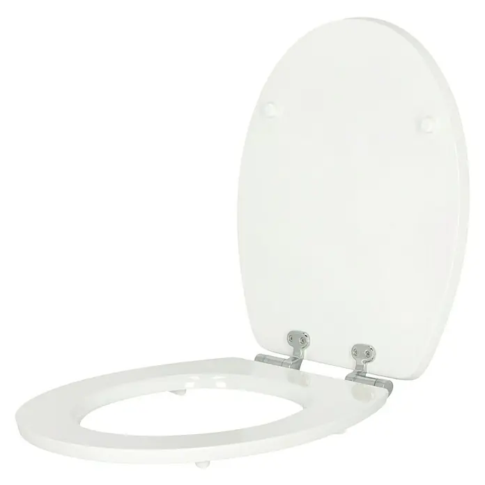 Poseidon WC-Sitz Schiffsholz - MDF, Mehrfarbig, Mit Absenkautomatik - Nahaufnahme eines weißen Toilettensitzes mit geöffnetem Deckel. Der WC-Sitz ist aus robustem Material gefertigt und leicht zu reinigen.