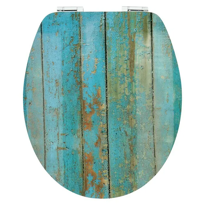 Poseidon WC-Sitz Schiffsholz - MDF, Mehrfarbig, Mit Absenkautomatik - Blauer WC-Sitz mit Holzplanken-Optik. Der Toilettendeckel ist mit blauer Farbe gestrichen, die an einigen Stellen abblättert.