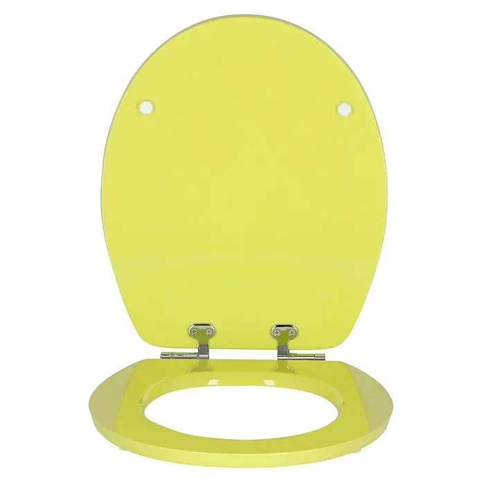 Poseidon WC-Sitz Kolorit - MDF, Grün, Mit Absenkautomatik - Gelber Toilettensitz mit Chromscharnieren, offen dargestellt. Ein stilvolles und farbenfrohes Badaccessoire für moderne Badezimmer.