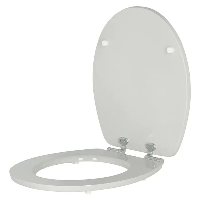 Poseidon WC-Sitz Kolorit - MDF, Manhattan, Mit Absenkautomatik - Ein offener, weißer Toilettensitz mit Deckel, der einen klaren Blick auf die saubere, ovale Form und die glänzenden Metallscharniere bietet.