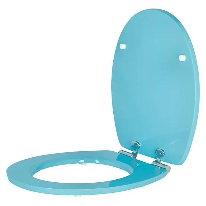 Poseidon WC-Sitz Kolorit - MDF, Blau, Mit Absenkautomatik - Hellblauer Toilettensitz mit verchromten Scharnieren und Befestigungselementen für einfache Installation und modernes Design.