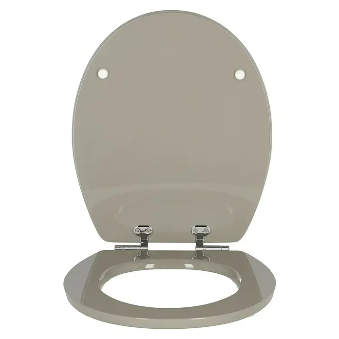 Poseidon WC-Sitz Kolorit - MDF, Anthrazit, Mit Absenkautomatik - Hier ist ein grauer Toilettensitz mit verchromten Scharnieren zu sehen, der eine moderne und hygienische Ergänzung für jedes Badezimmer darstellt.