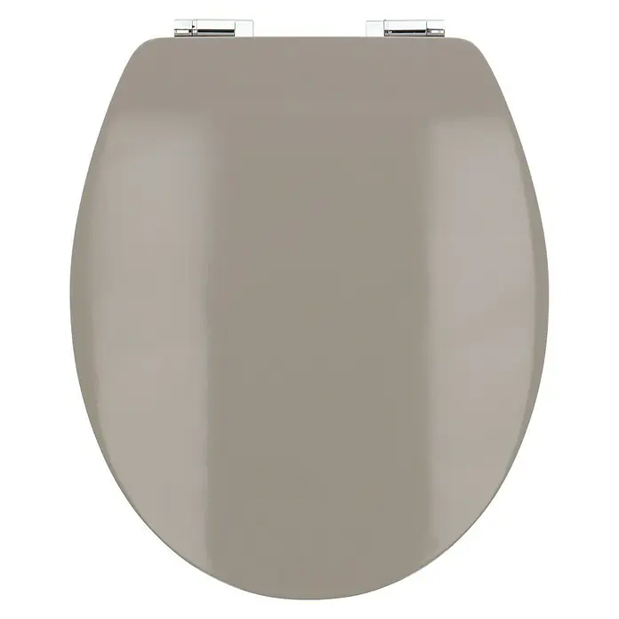Poseidon WC-Sitz Kolorit - MDF, Anthrazit, Mit Absenkautomatik - Ein beiger Toilettensitz mit Chrombeschlägen. Der ovale Sitz ist glatt und hat eine glänzende Oberfläche.
