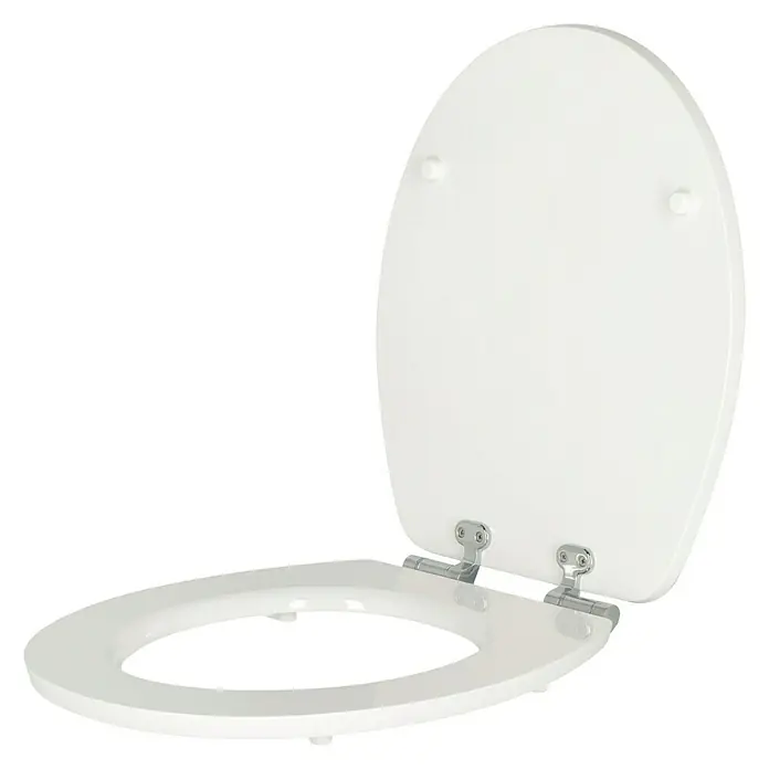 Poseidon WC-Sitz Kolorit - MDF, Weiß, Mit Absenkautomatik - Ein hochgezogener, ovaler Toilettensitz in Weiß mit glänzenden Metallscharnieren bietet Funktionalität und ein sauberes Design für jedes Badezimmer.