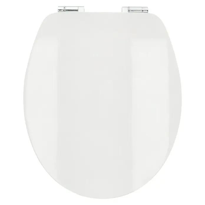 Poseidon WC-Sitz Kolorit - MDF, Weiß, Mit Absenkautomatik - Ein weißer Toilettensitz mit Chromscharnieren, der auf einem schwarzen Hintergrund aufliegt. Er ist glatt und hat eine ovale Form.