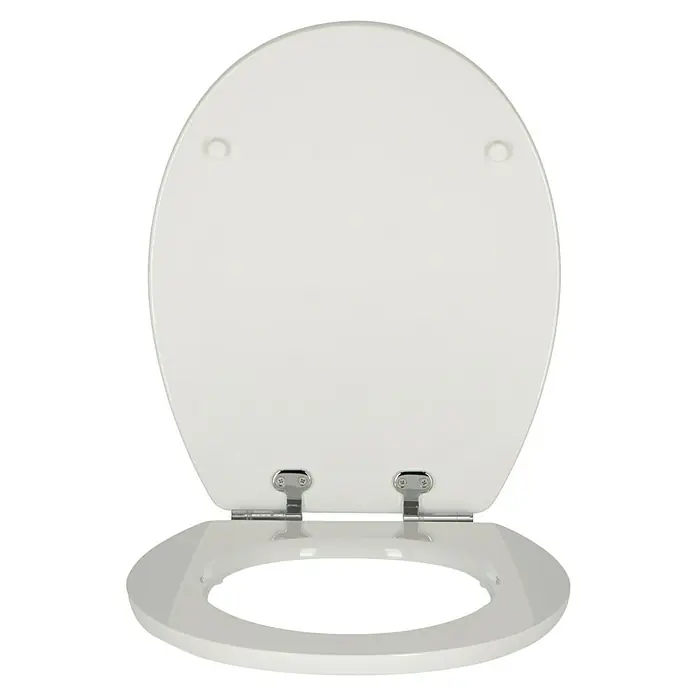 Poseidon WC-Sitz Brillant - Holz, Weiß, Mit Absenkautomatik - Auf dem Bild ist ein weißer Toilettensitz mit Deckel abgebildet. Der Toilettensitz ist offen und gibt den Blick auf die glänzende Oberfläche frei.