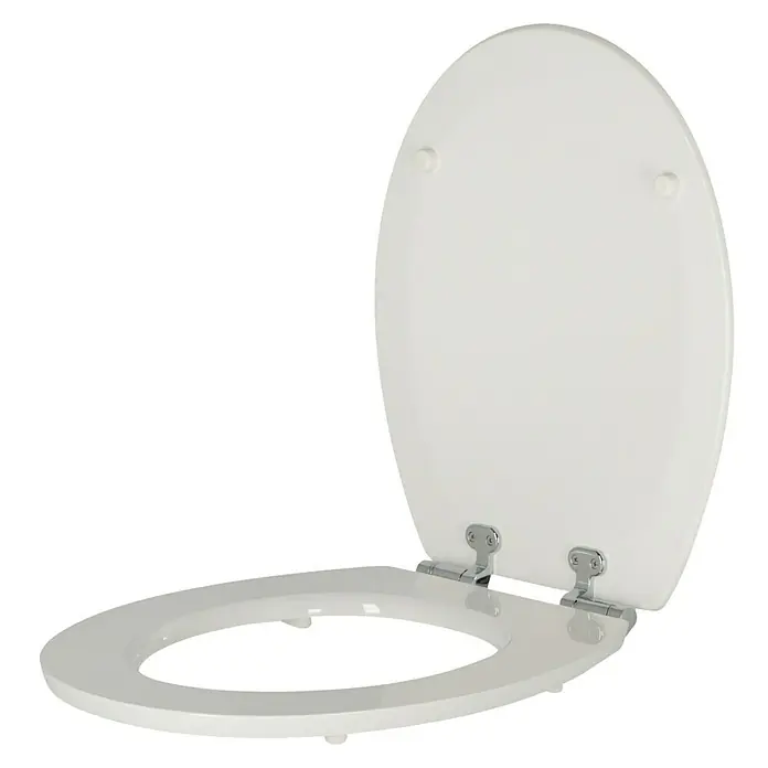 Poseidon WC-Sitz Brillant - Holz, Weiß, Mit Absenkautomatik - Nahaufnahme eines weißen Toilettensitzes mit Deckel, der auf einem schwarzen Hintergrund steht. Der Fokus liegt auf der klaren, ovalen Form.