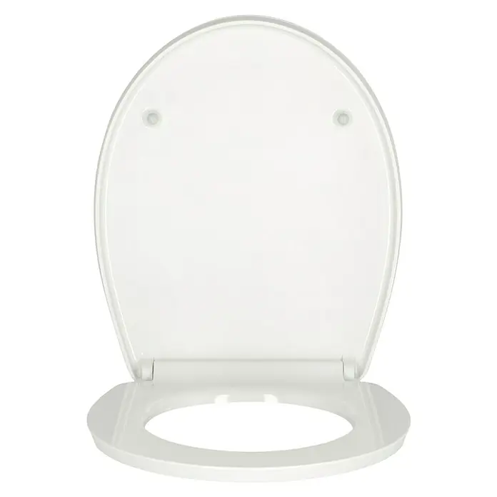Poseidon WC-Sitz Palm Beach - Duroplast, Mehrfarbig, Mit Absenkautomatik - Weiße Toilettensitz mit Deckel. Der ovale Sitz ist offen und der Deckel ist hochgeklappt. Befestigungspunkte oben am Deckel.