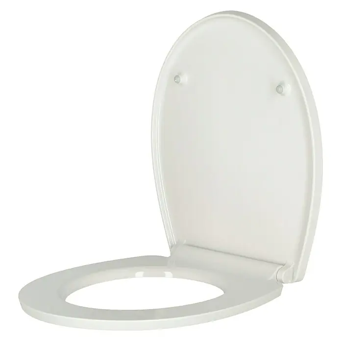 Poseidon WC-Sitz Befree Magic Motion - Duroplast, Mehrfarbig, Mit Absenkautomatik - Weißer Toilettensitz mit Deckel in geöffnetem Zustand auf schwarzem Hintergrund. Der Fokus liegt auf dem Design und der Funktionalität des Produkts.