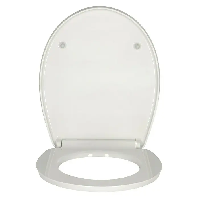 Poseidon WC-Sitz Zen Garden Magic Motion - Duroplast, Mehrfarbig, Mit Absenkautomatik - Ein weißer Toilettensitz mit Deckel, der leicht geöffnet ist, präsentiert das schlichte Design und die saubere Ästhetik des Produkts.