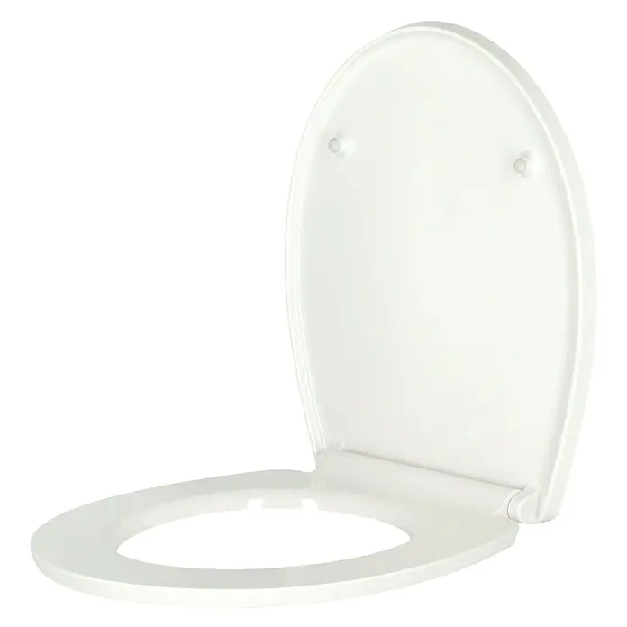 Poseidon WC-Sitz Seaside - Duroplast, Mehrfarbig, Mit Absenkautomatik - Weißer Toilettensitz mit geöffnetem Deckel vor schwarzem Hintergrund. Der Fokus liegt auf dem hygienischen Design des Produkts.