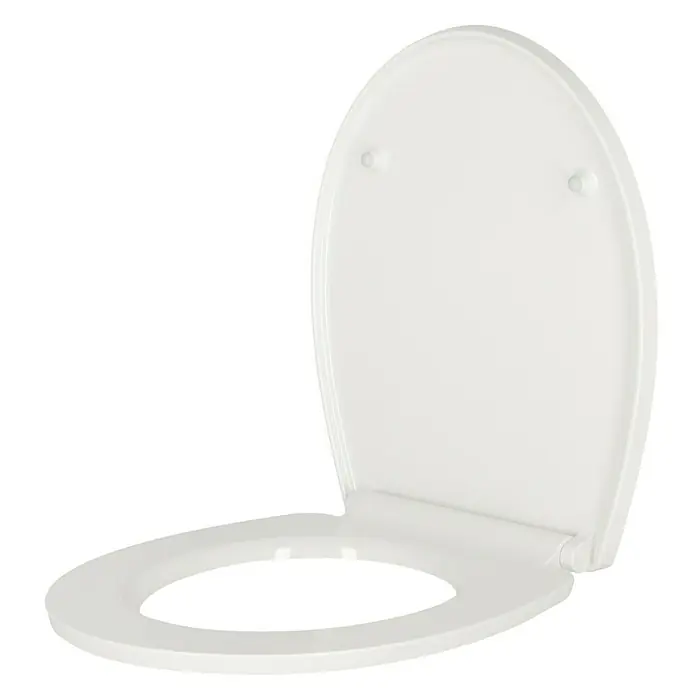 Poseidon WC-Sitz Lifestyle Magic Motion - Duroplast, Mehrfarbig, Mit Absenkautomatik - Nahaufnahme eines weißen WC-Sitzes mit Deckel, der leicht geöffnet ist, vor einem neutralen, schwarzen Hintergrund.