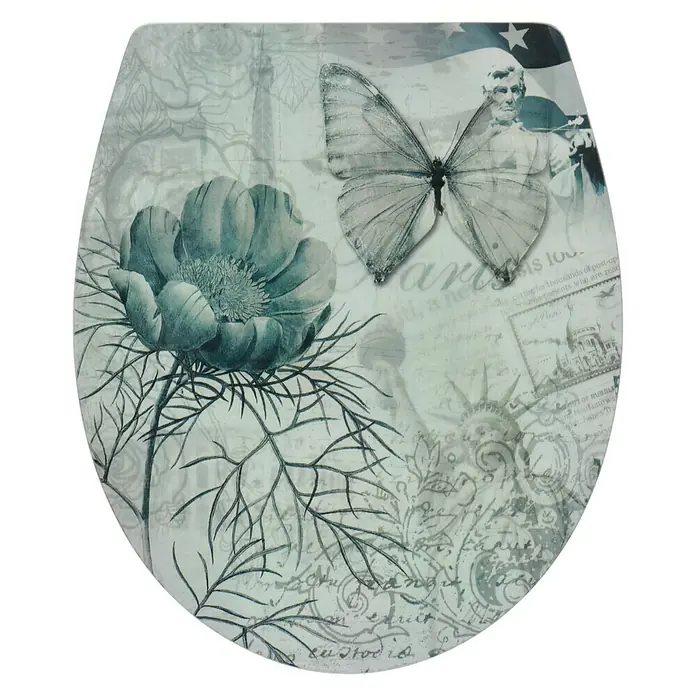Poseidon WC-Sitz Lifestyle Magic Motion - Duroplast, Mehrfarbig, Mit Absenkautomatik - Nahaufnahme eines Toilettensitzes mit einem dekorativen Design aus Blumen, Schmetterlingen und historischen Motiven.