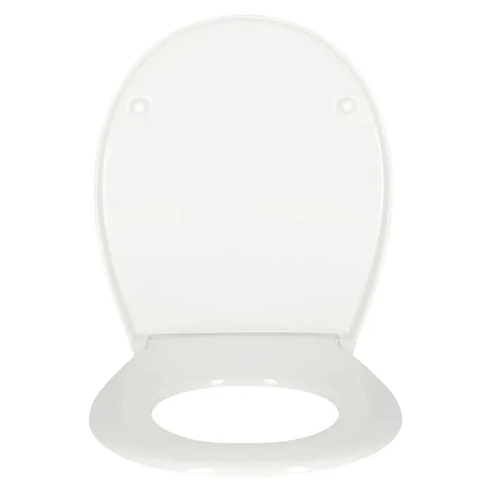 WC-Sitz Bora - Duroplast, Weiß, Mit Absenkautomatik - Nahaufnahme eines weißen Toilettensitzes mit Deckel auf schwarzem Hintergrund.