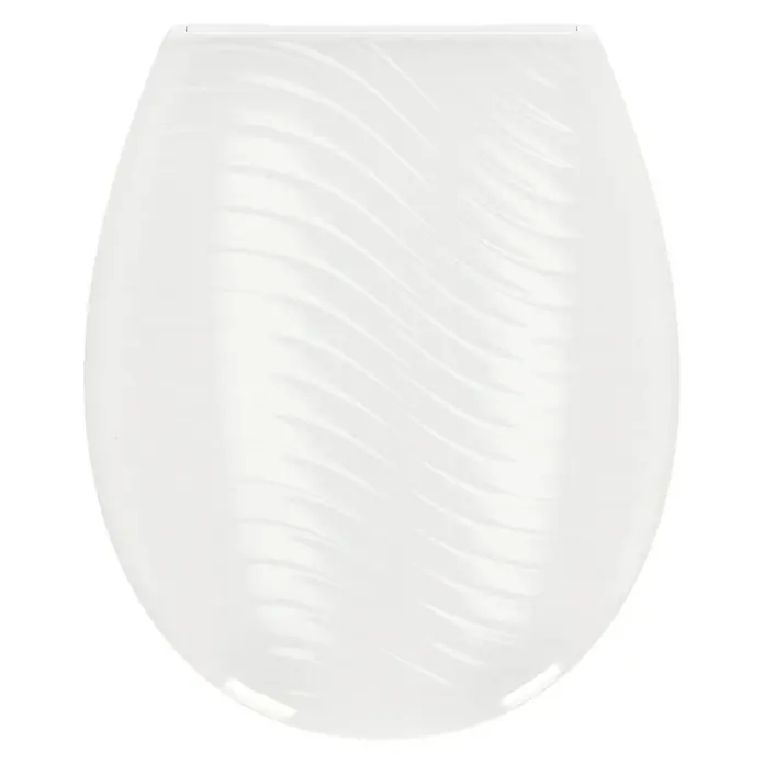 WC-Sitz Bora - Duroplast, Weiß, Mit Absenkautomatik - Ein schlichter, weißer Toilettensitz mit einem gewellten Oberflächendesign, das für eine moderne Ästhetik und subtile Eleganz im Badezimmer sorgt.