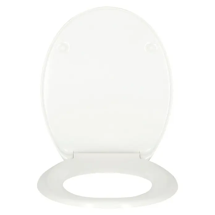 Poseidon WC-Sitz Mr. Right - Duroplast, Mehrfarbig, Mit Absenkautomatik - Weißer Toilettensitz in ovaler Form mit Deckel, präsentiert auf schwarzem Hintergrund, der die klaren Linien und die sanitäre Beschaffenheit hervorhebt.