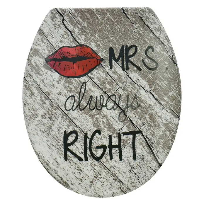 Poseidon WC-Sitz Mr. Right - Duroplast, Mehrfarbig, Mit Absenkautomatik - WC-Sitz mit dem Aufdruck "Mrs. always right" und einem Lippenstift-Design, eine humorvolle und dekorative Ergänzung für jedes Badezimmer.