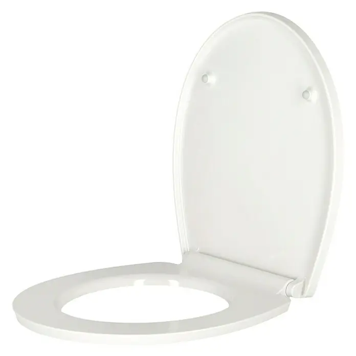 Poseidon WC-Sitz Roncalli - Duroplast, Mehrfarbig, Mit Absenkautomatik - Offener, weisser Toilettensitz mit Deckel vor schwarzem Hintergrund. Die glatte Oberfläche des Sitzes ist gut sichtbar.