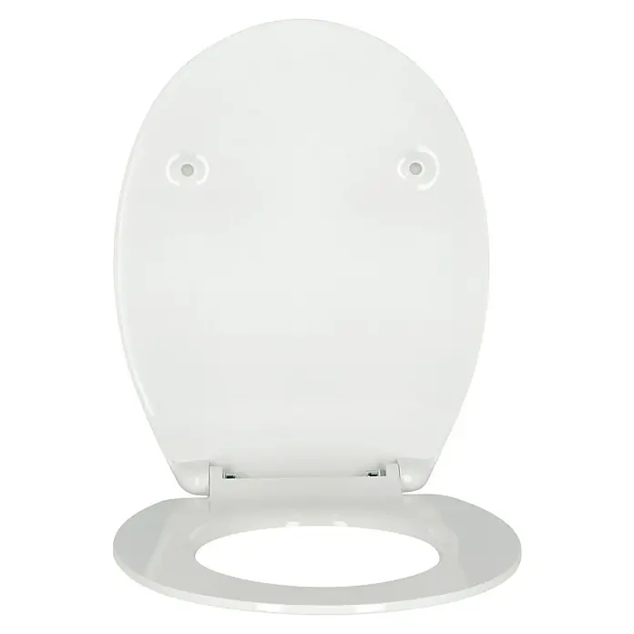 Poseidon WC-Sitz Elegance - Duroplast, Weiß, Mit Absenkautomatik, Uni - Ein Toilettensitz aus weißem Kunststoff mit Deckel und ovaler Öffnung. Befestigungen sind sichtbar.