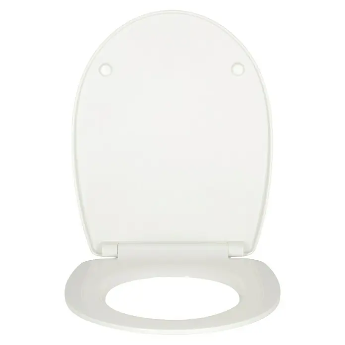 Poseidon WC-Sitz Fino - Duroplast, Weiß, Mit Absenkautomatik - Ein weißer Toilettensitz mit Deckel. Der Sitz ist oval und aus Kunststoff gefertigt. Die Brille ist hochgeklappt.