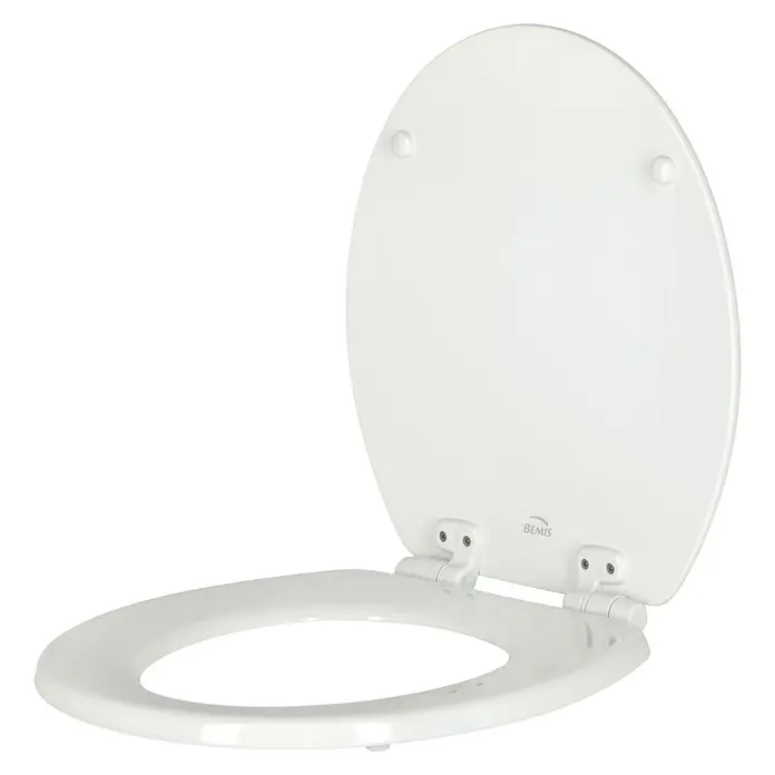 Poseidon WC-Sitz Seattle - Holz, Weiß, Mit Absenkautomatik - Weißer Toilettensitz der Marke BEMIS mit geöffnetem Deckel, einfache und hygienische Lösung für jedes Badezimmer.