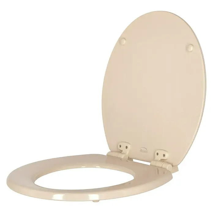 Poseidon WC-Sitz Seattle - Holz, Beige/Weiß, Mit Absenkautomatik - Ein beigefarbener Toilettensitz der Marke Bemis, offen dargestellt. Ideal für jedes Badezimmerdesign.