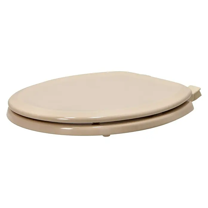 Poseidon WC-Sitz Seattle - Holz, Beige/Weiß, Mit Absenkautomatik - Nahaufnahme eines beigefarbenen WC-Sitzes, der eine hygienische und komfortable Badezimmerausstattung darstellt.